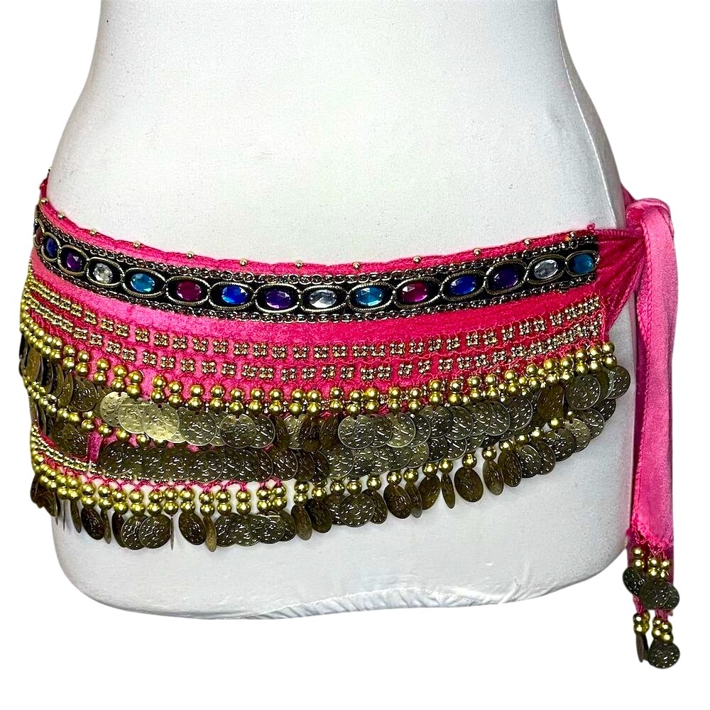 Pink Belly Dance Belt w/ Gold Coins & Jewel Accents One Size Adjustable